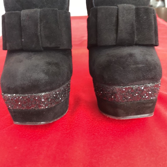 Mic Miu black suede bow booties with glitter platform - Picture 3 of 11